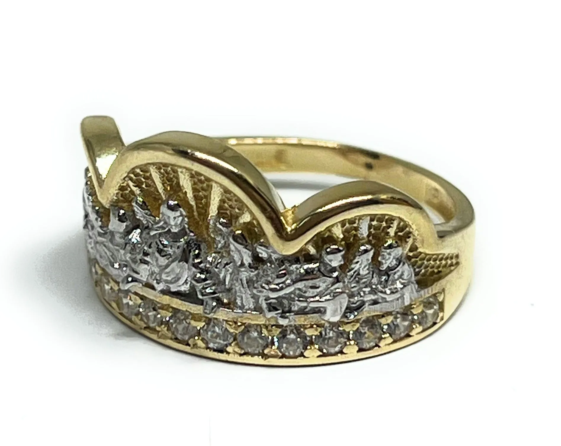 14k SOLID GOLD YELLOW & WHITE GOLD WIDE LAST SUPPER RING (6.9g)