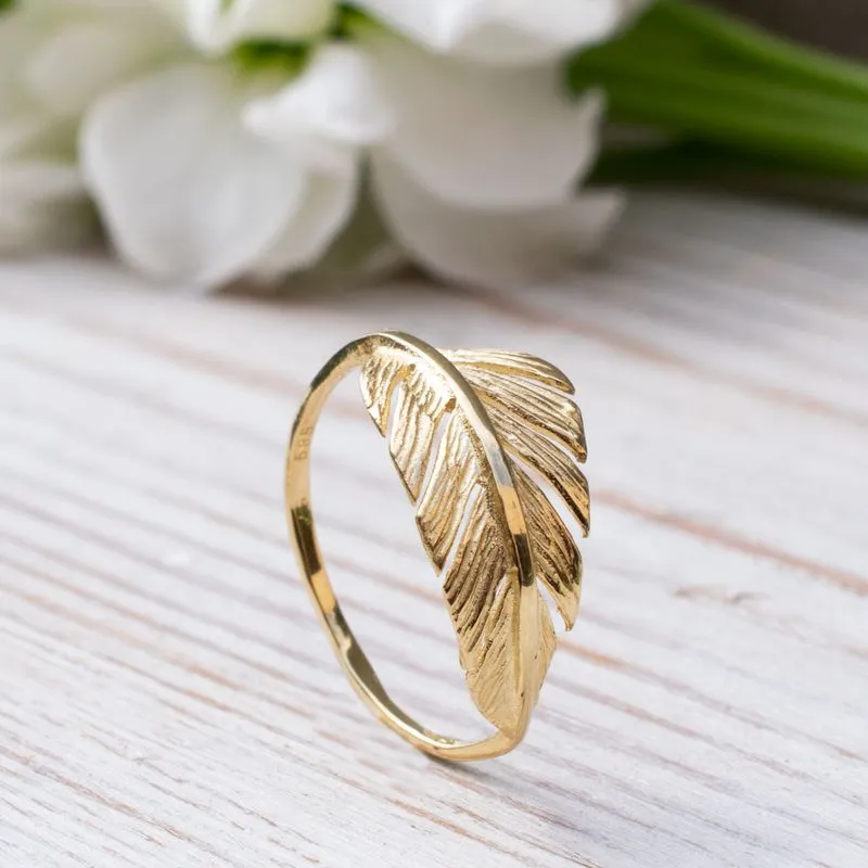 14K Yellow Gold Wide Feather Ring