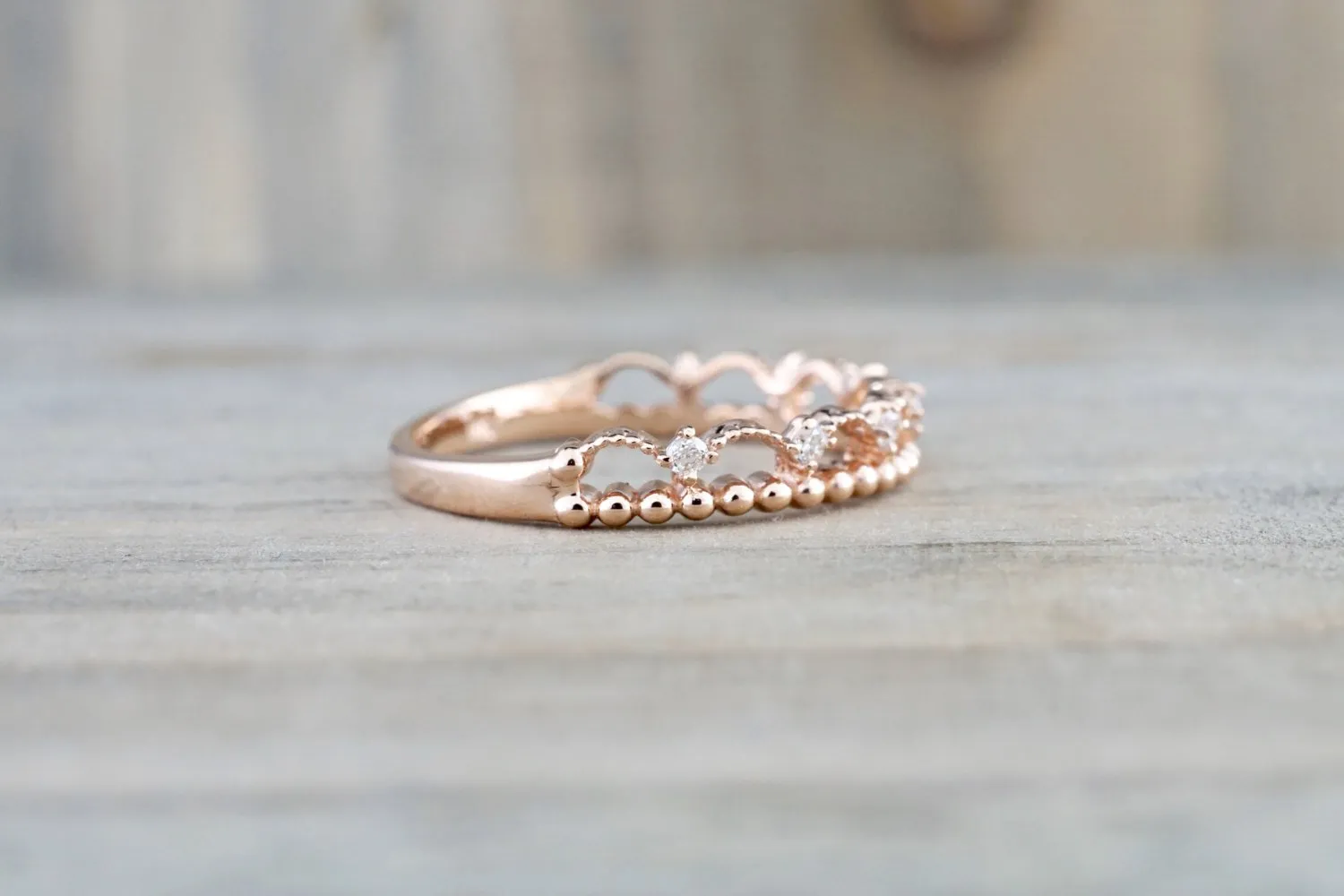 14kt Rose Gold DiamondRing Wide Vintage Antique Art Deco Crown Tiarra Crown Style Design