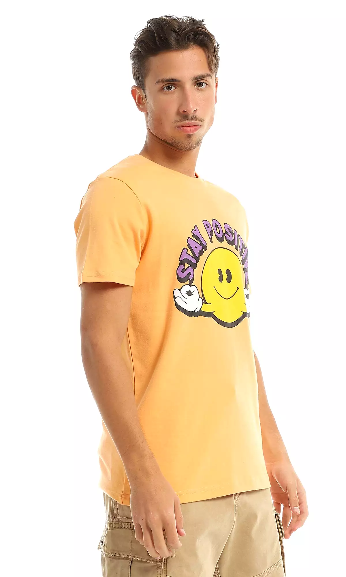 97410 Stay Positive Printed Orange Round T-Shirt