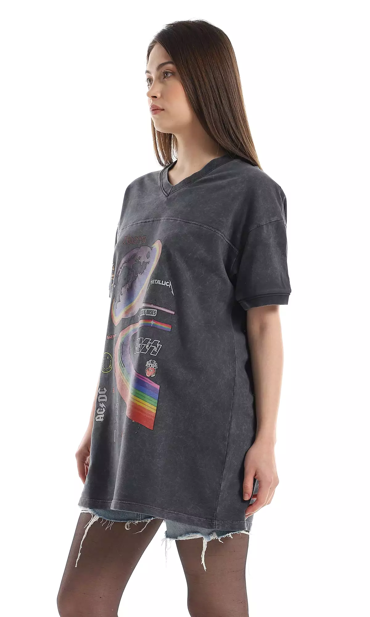 97775 V-Neck Printed Loose Slip On T-Shirt - Heather Black