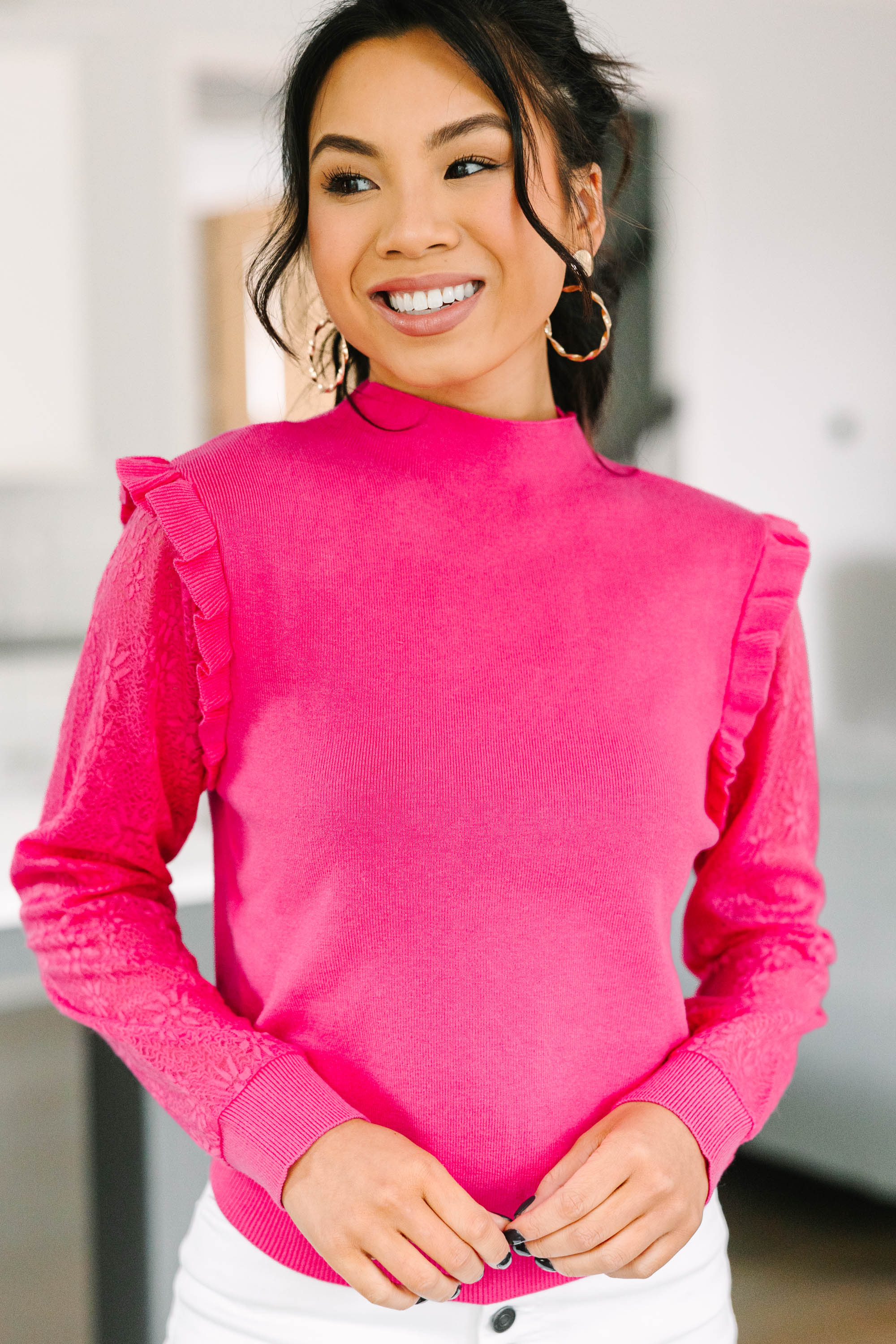 All Around The Way Fuchsia Pink Ruffled Sweater