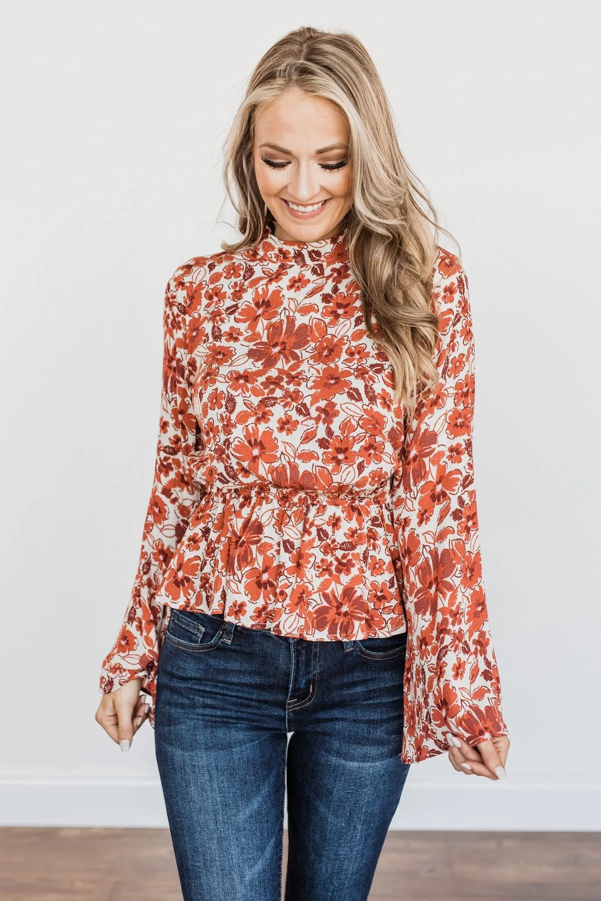 Alluring Autumn Days Mock Neck Blouse- Rust