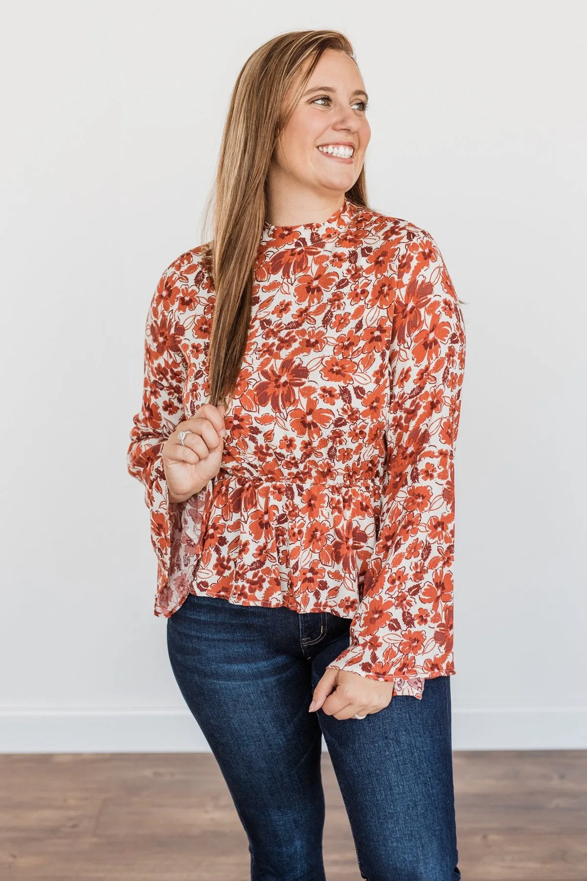 Alluring Autumn Days Mock Neck Blouse- Rust