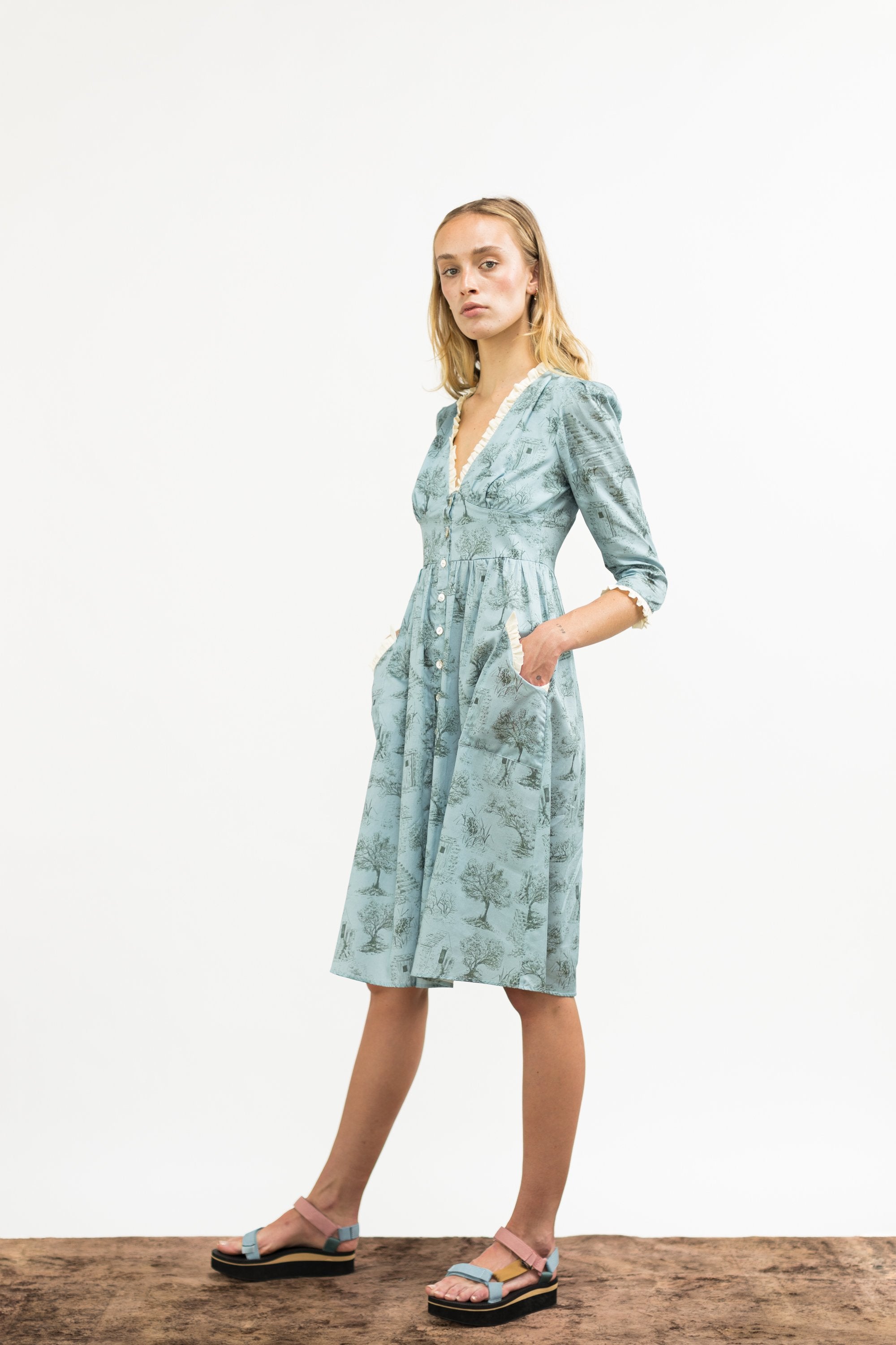 Antonia Dress / Cottage Blue + Pewter Green Cotton Toile