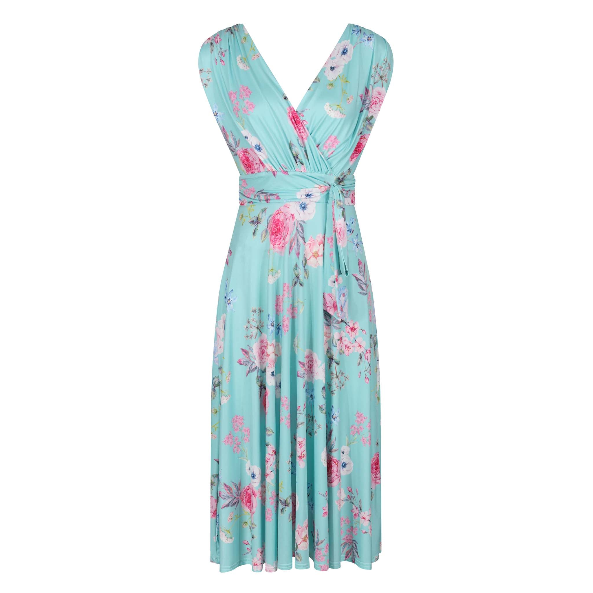 Aqua Mint Floral Print V Neck Crossover Top Empire Waist Swing Dress