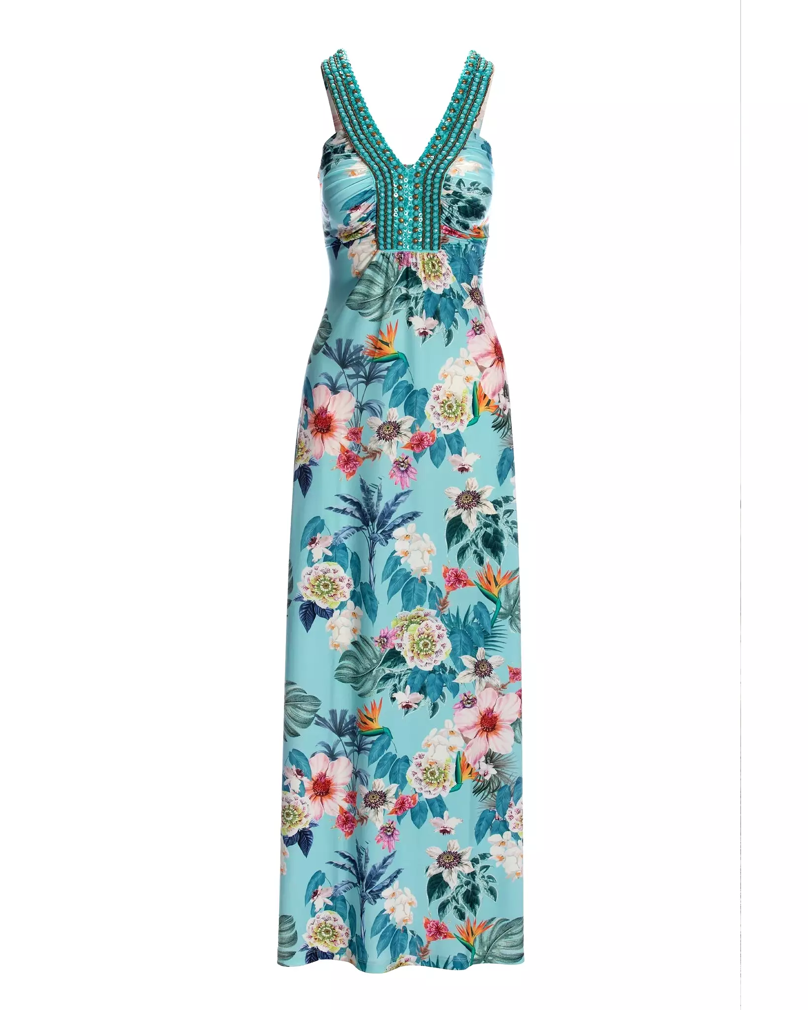 Barcelona Florals Print Embellished Knit Maxi Dress Aqua