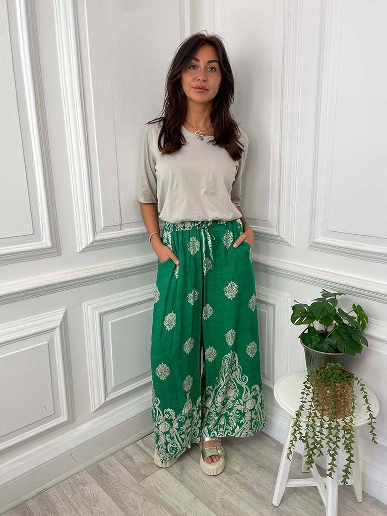 Baroque Wide Leg Trousers - Emerald