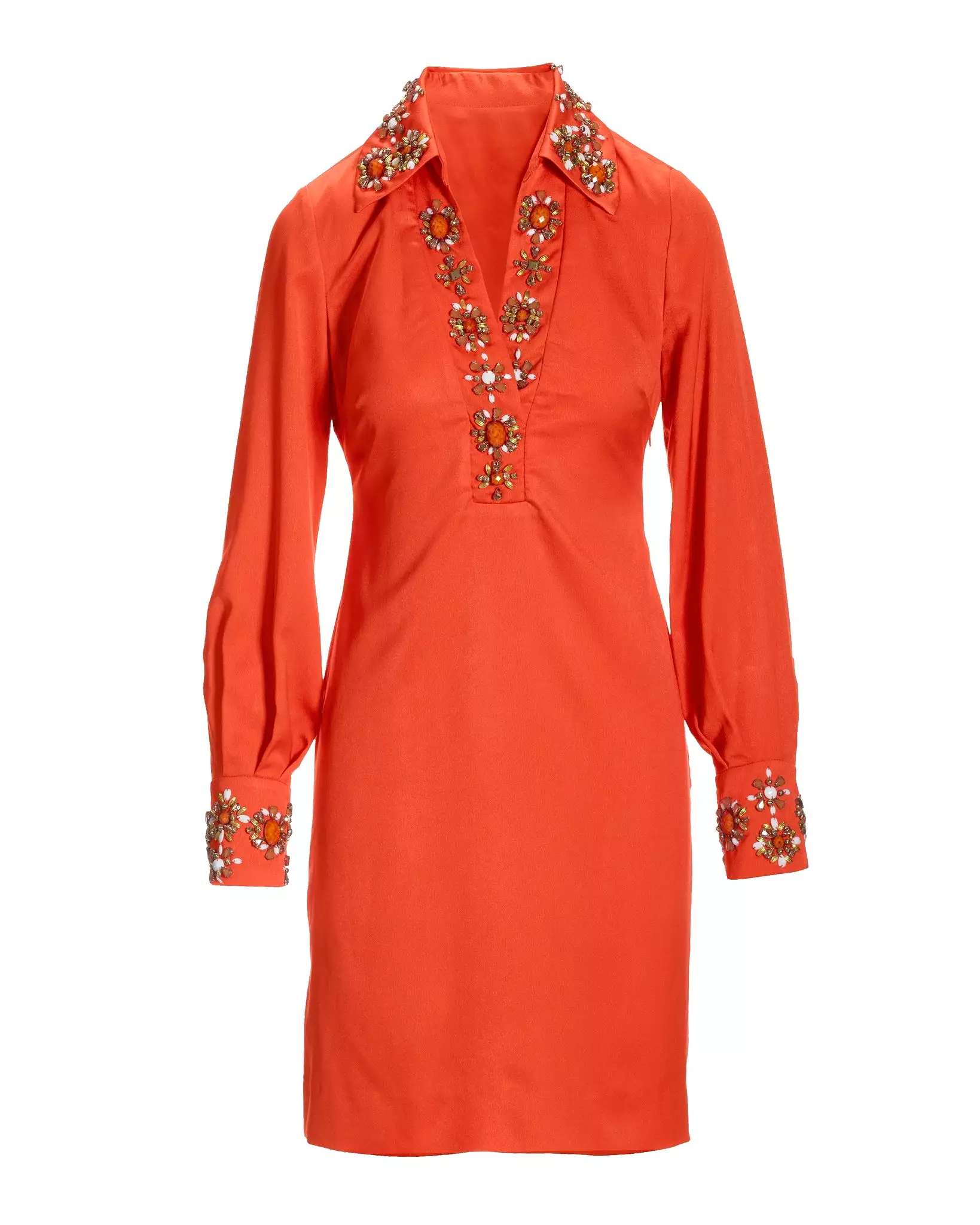 Beaded Embellished Trim Collared Tunic Dress Flame