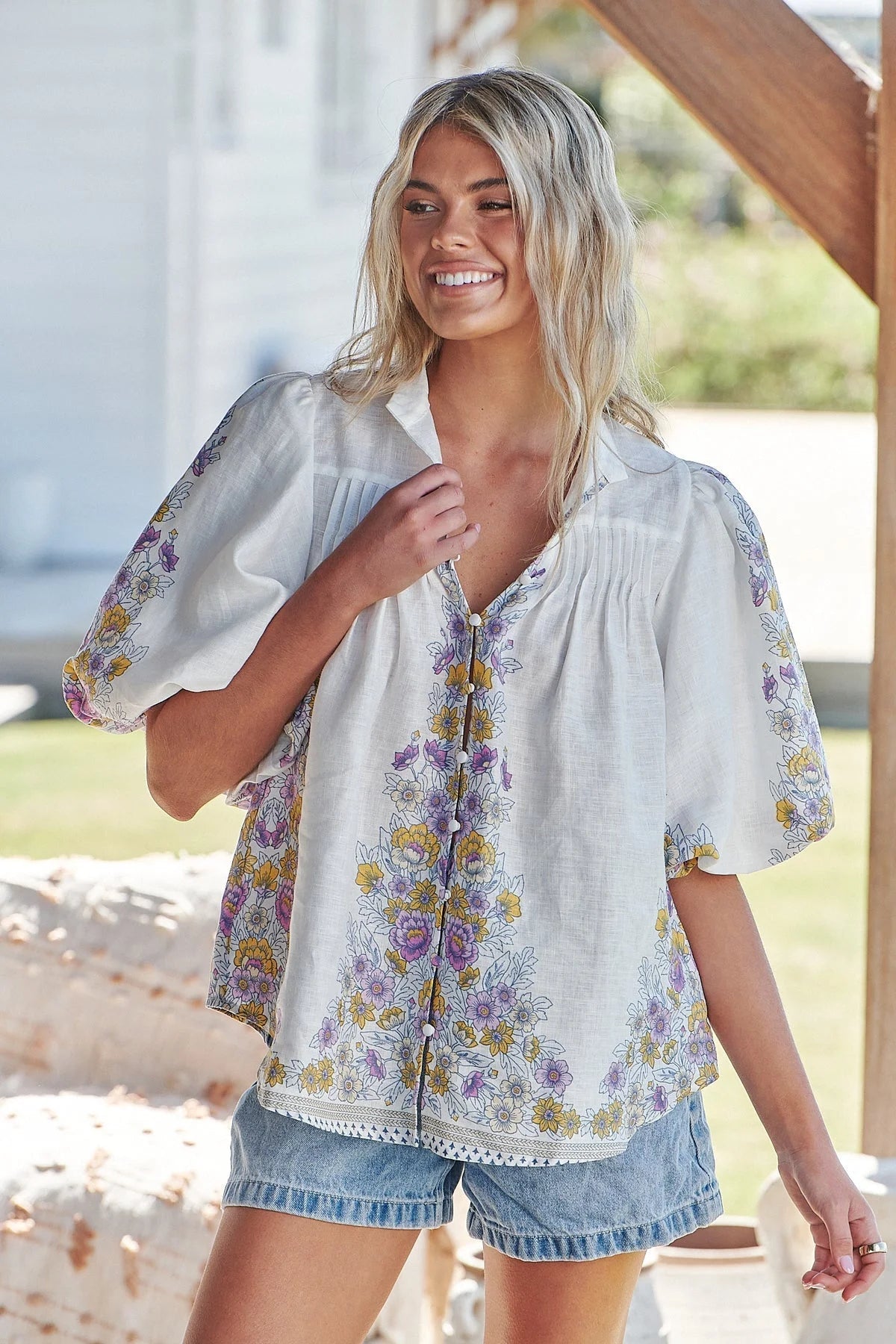 Birdie Blouse Top - Daylilies 'White Linen' Collection