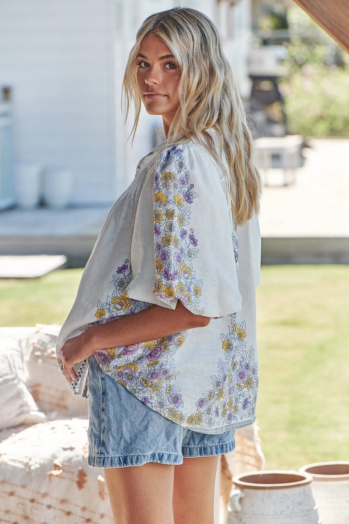 Birdie Blouse Top - Daylilies 'White Linen' Collection