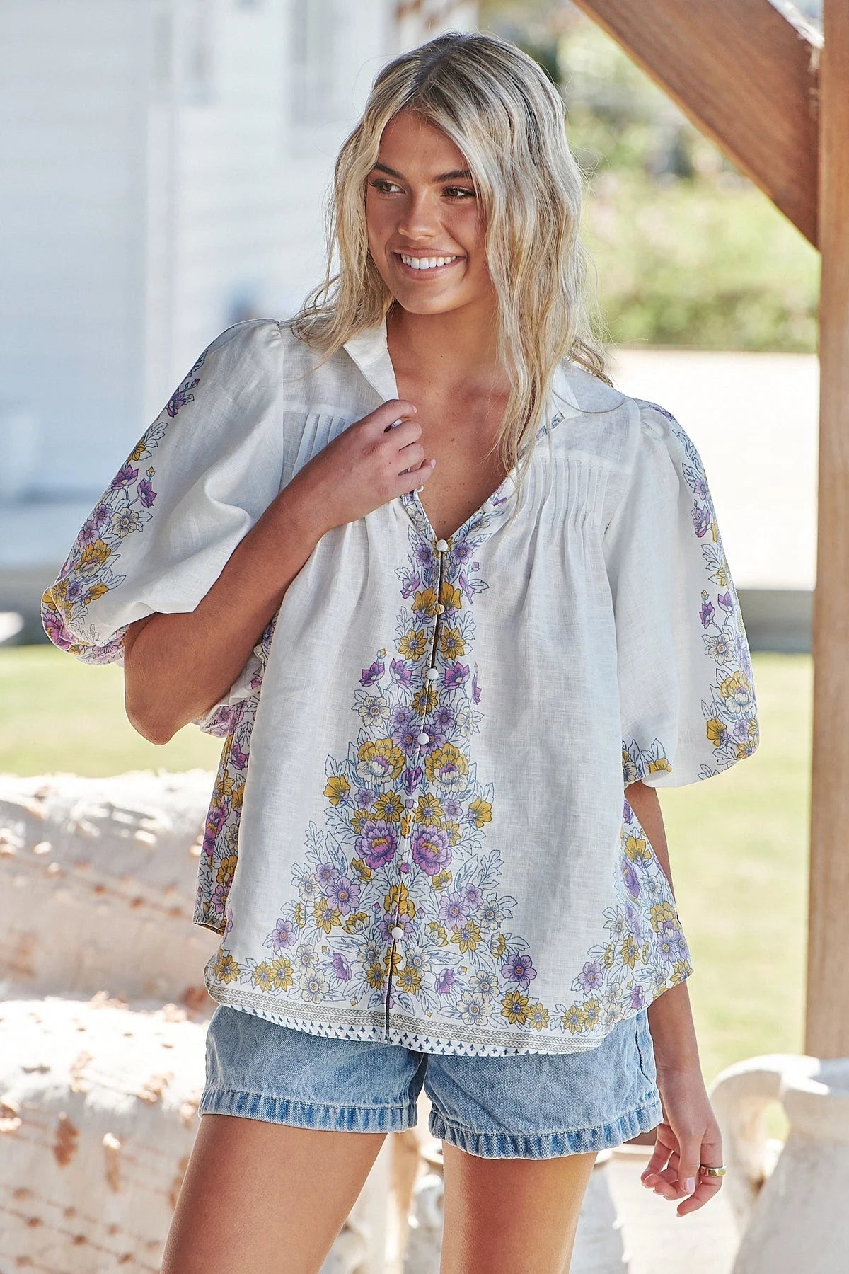 Birdie Blouse Top - Daylilies 'White Linen' Collection