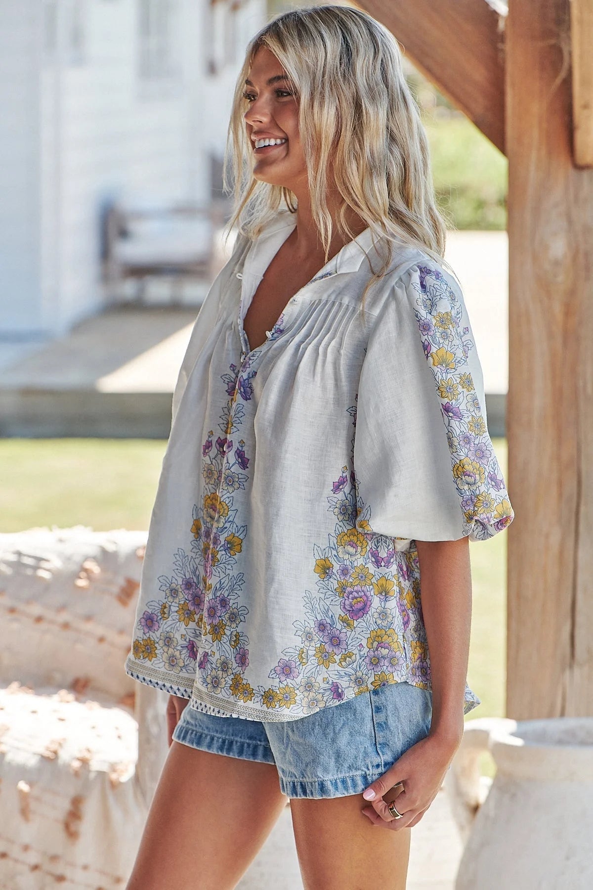 Birdie Blouse Top - Daylilies 'White Linen' Collection