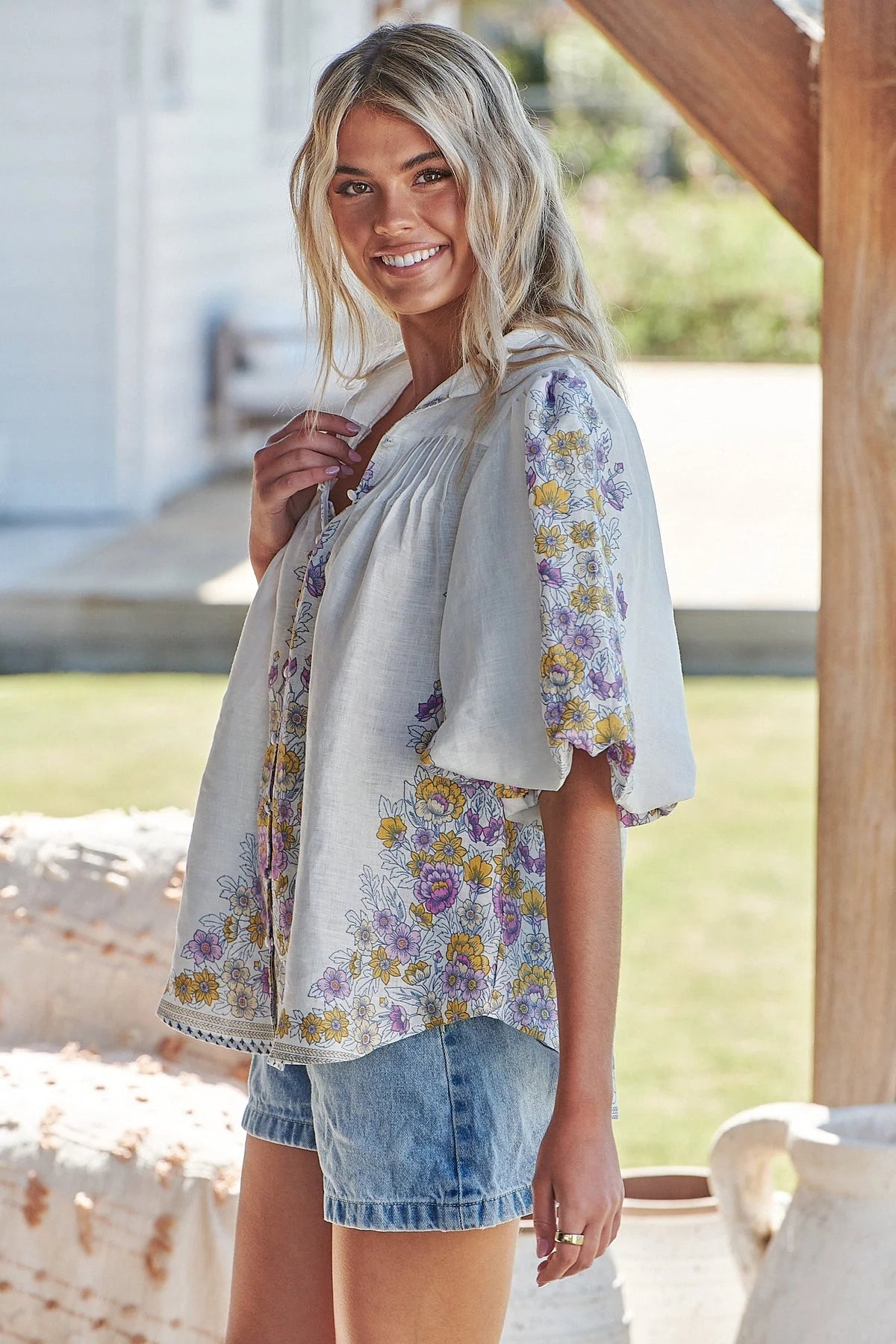 Birdie Blouse Top - Daylilies 'White Linen' Collection