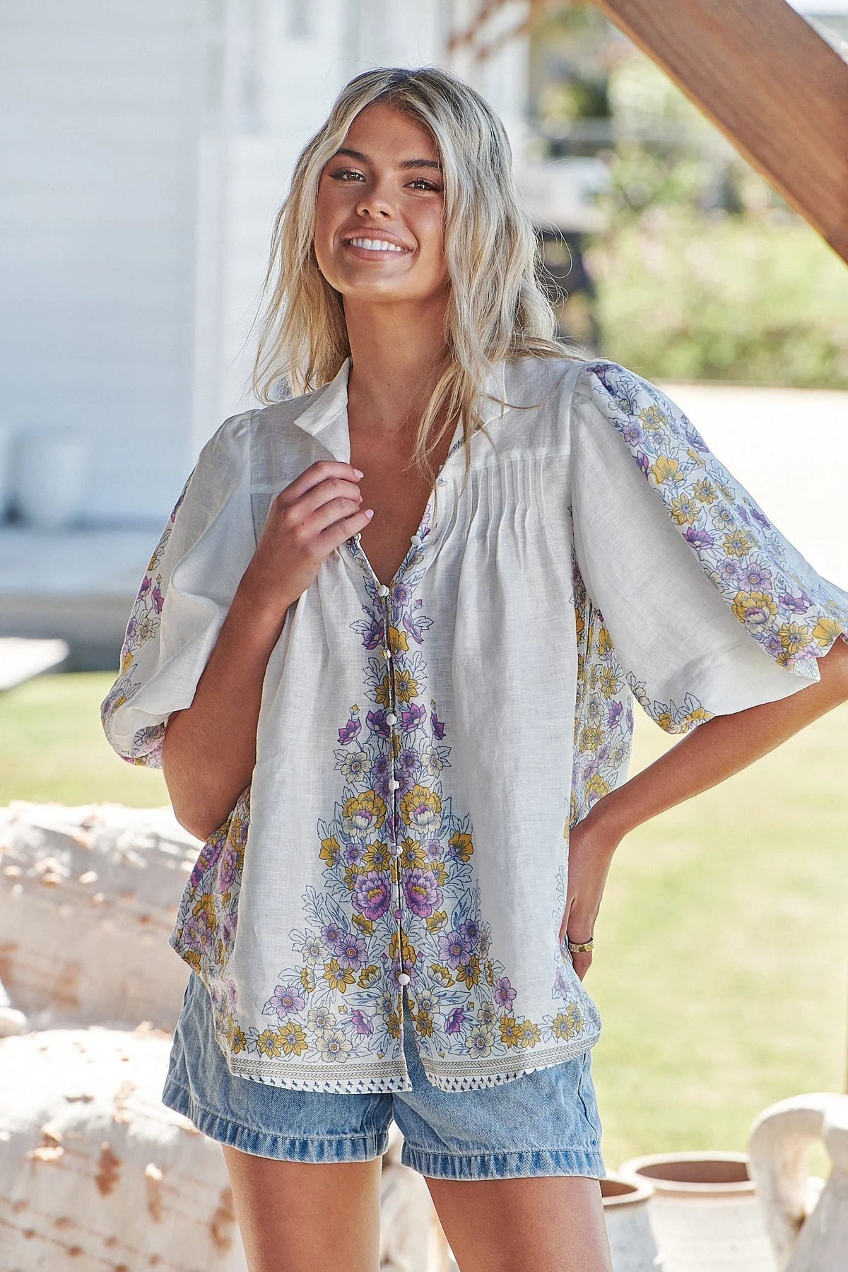 Birdie Blouse Top - Daylilies 'White Linen' Collection