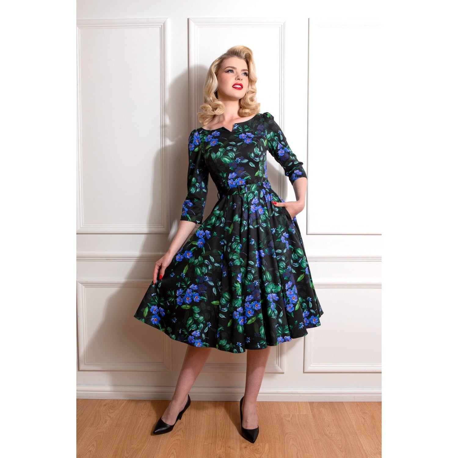 Black And Blue Floral Print 3/4 Sleeve 50s Swing Dress