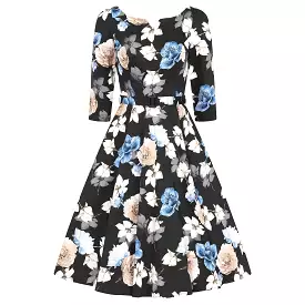 Black And Multi Floral Print 3/4 Sleeve 50s Swing Dress