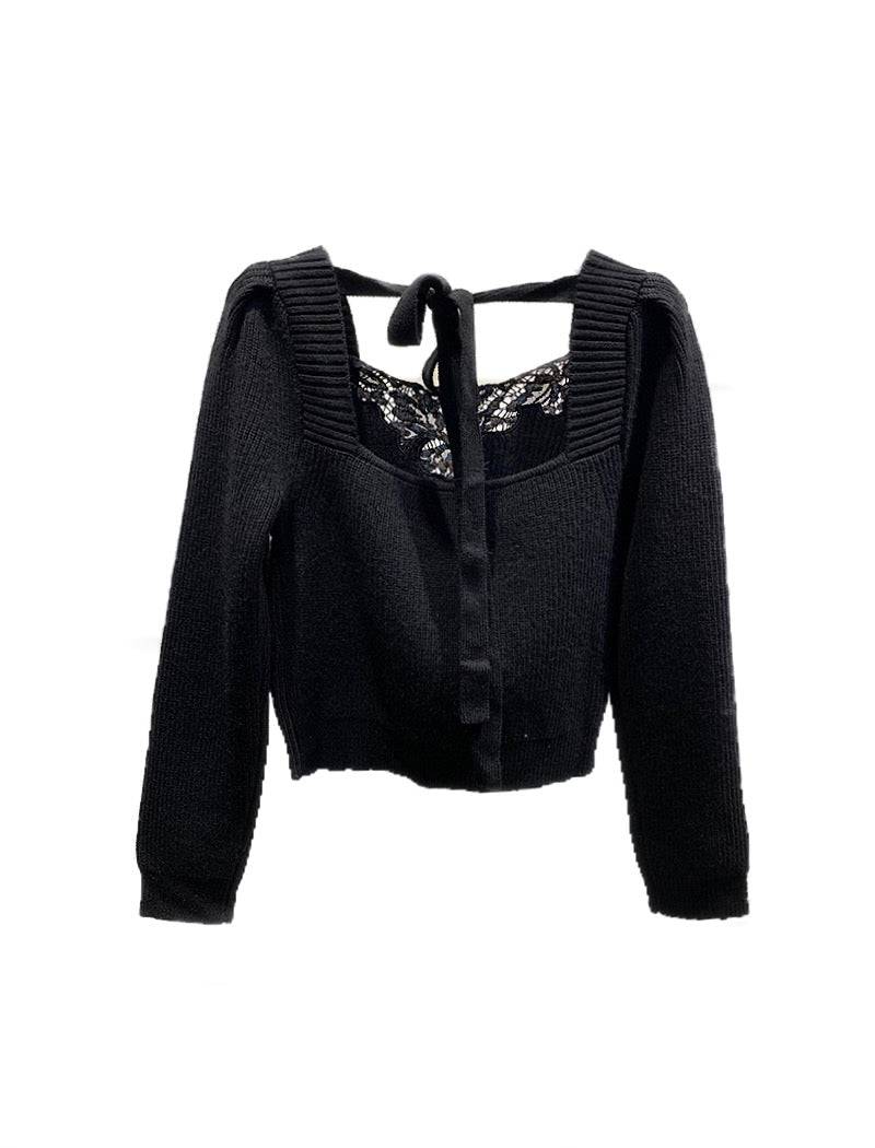 Black Long Sleeve Knit Embroidered Top