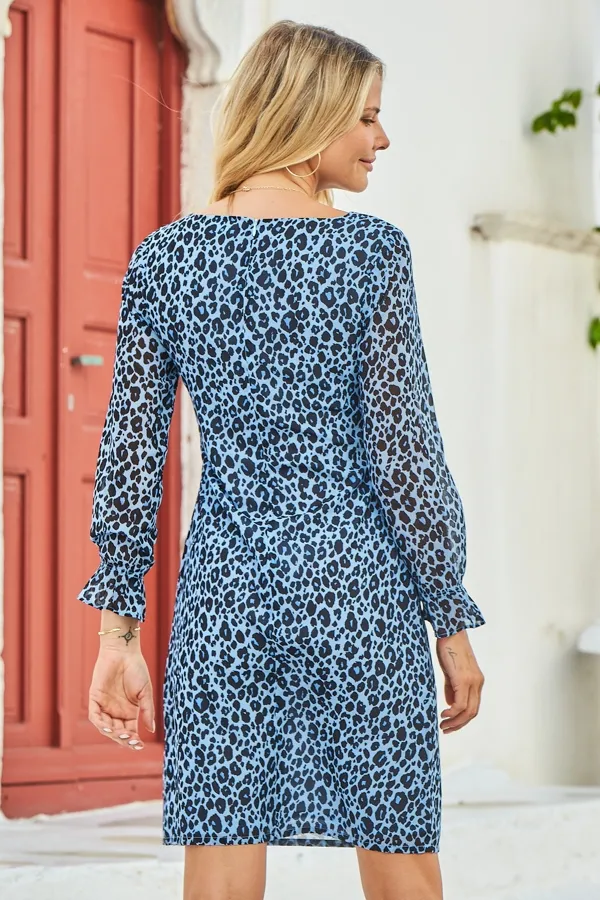 Blue & Black Animal Print Fluted Cuff Shift Dress