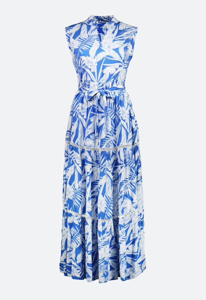 Blue Leaf Print Maxi Dress