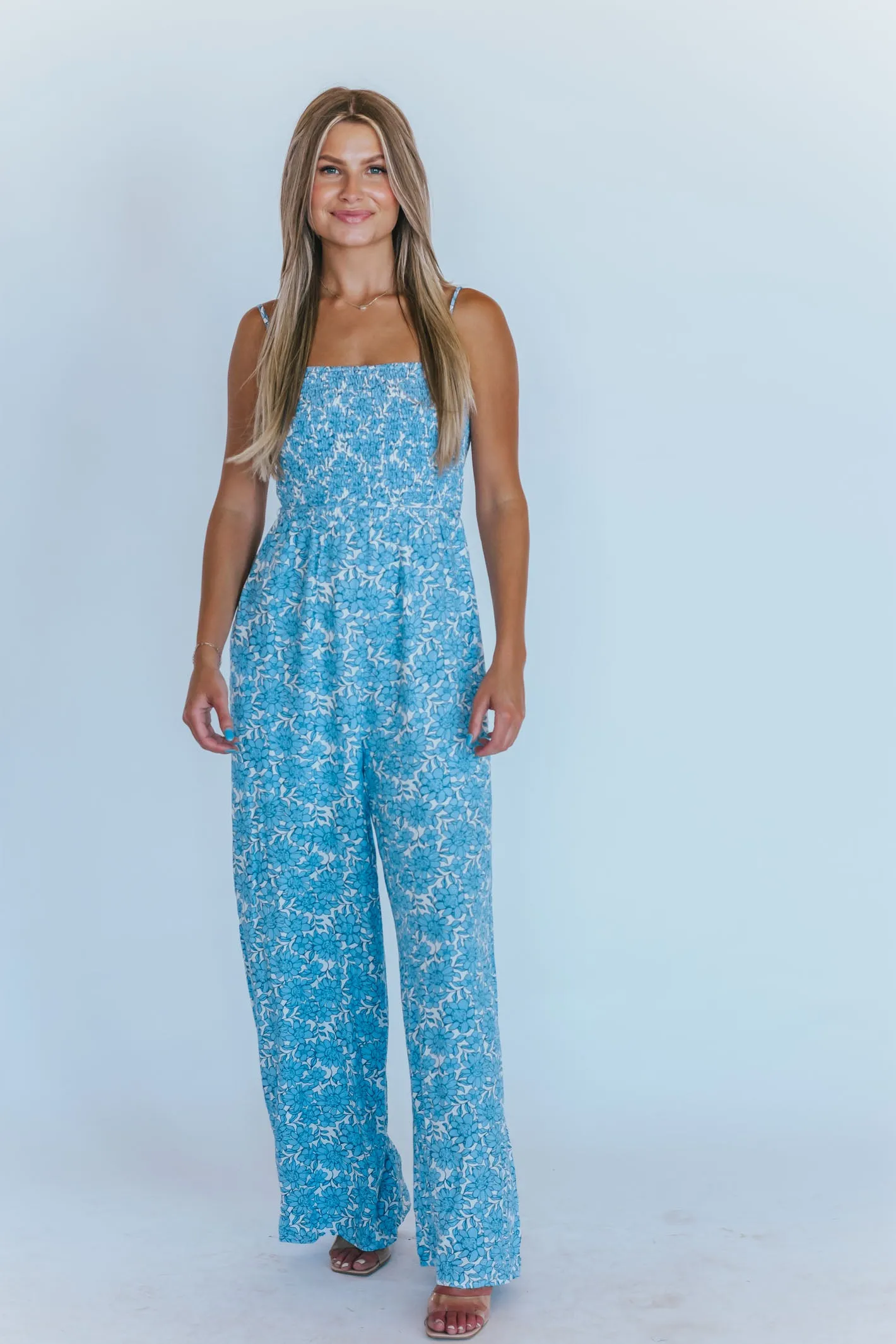 Blue Stunner Sleeveless Flyaway Wide Leg Jumpsuit