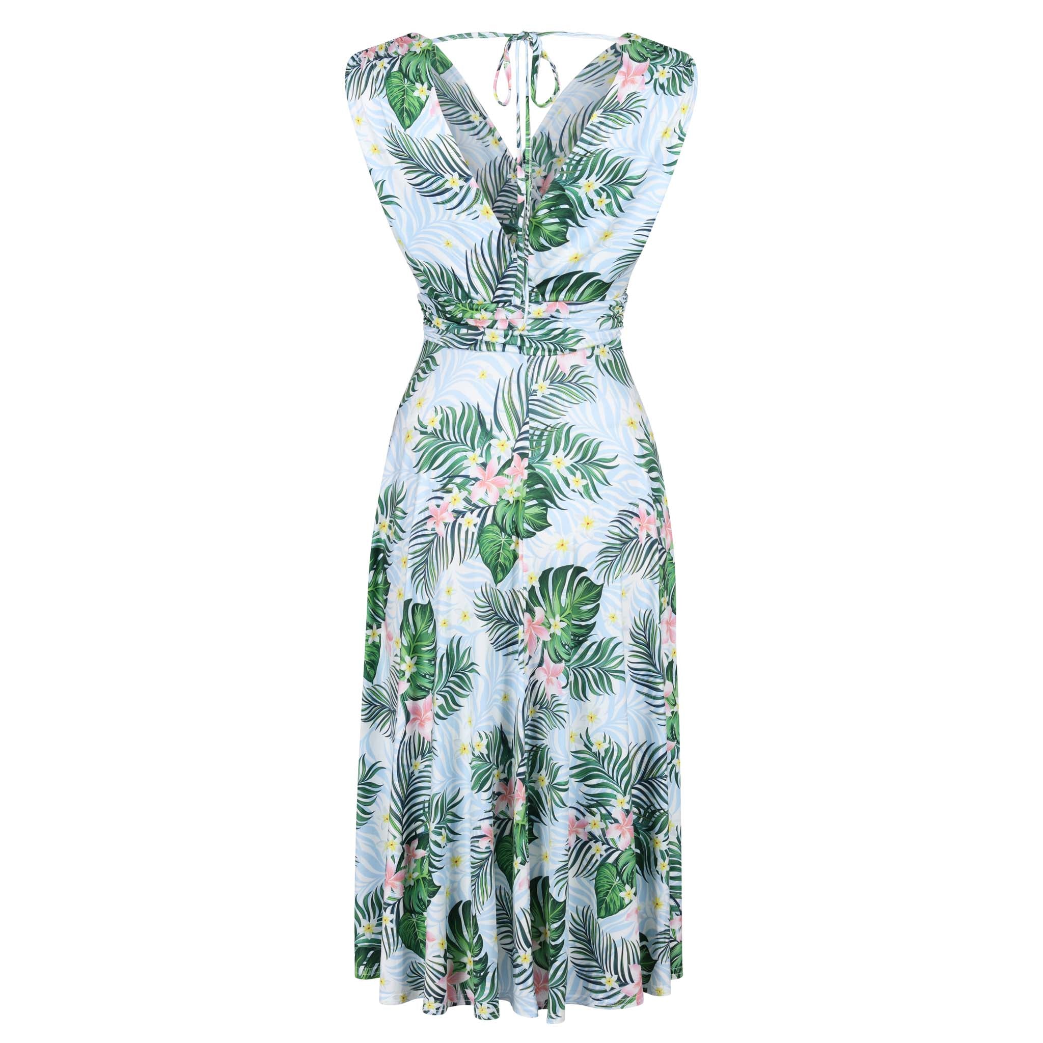 Blue Tropical Floral Print V Neck Crossover Top Empire Waist Swing Dress