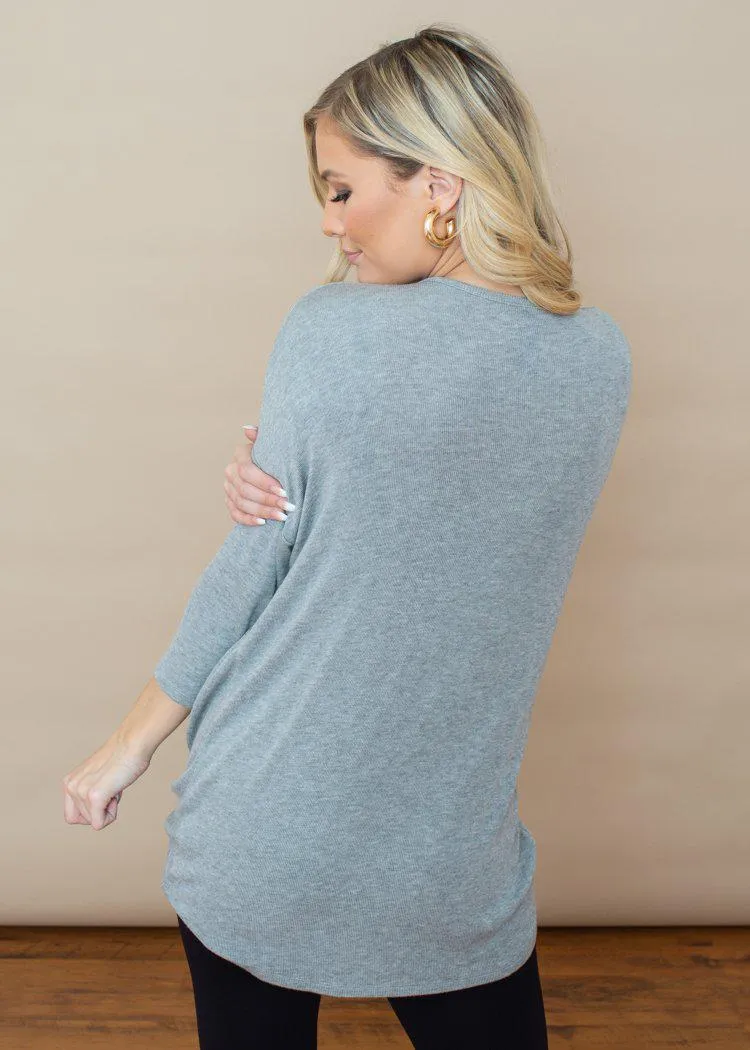 Bobi Ribbed 3/4 Sleeve Dolman Twist Front Top - Grey-***FINAL SALE***