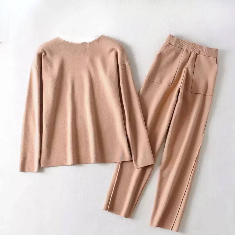 Brown Knit Long Sleeve Top and Slim Trouser Two Piece Set