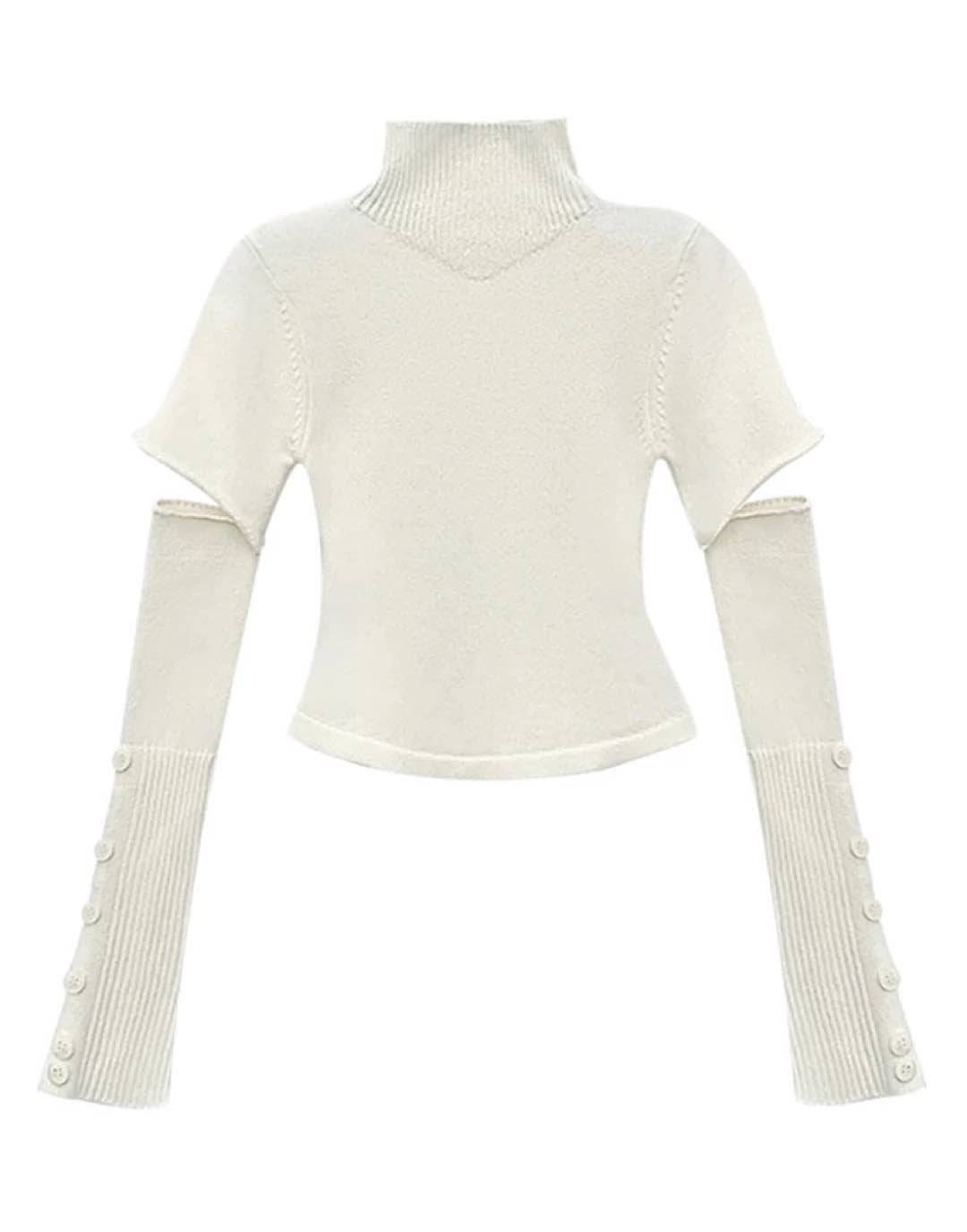 Buttoned Sleeve High Collar Knit Top