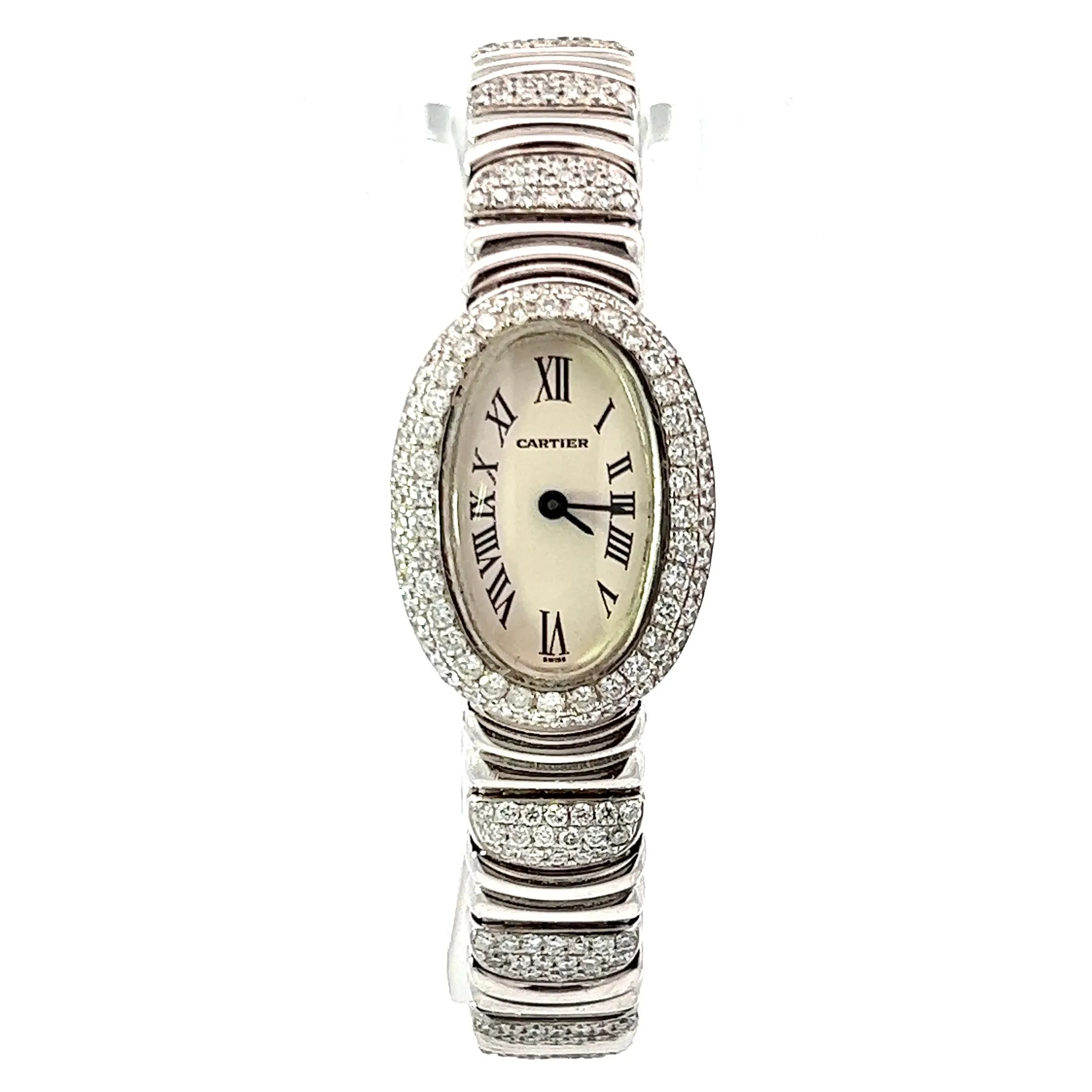 CARTIER BAIGNOIRE Mini 18mm 18K White Gold ~3.5TCW Diamond Watch