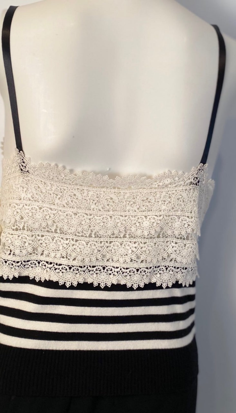 Chanel 05P, 2005 Spring Spaghetti Strap Camisole Lace Crochet Striped Top Blouse FR 38