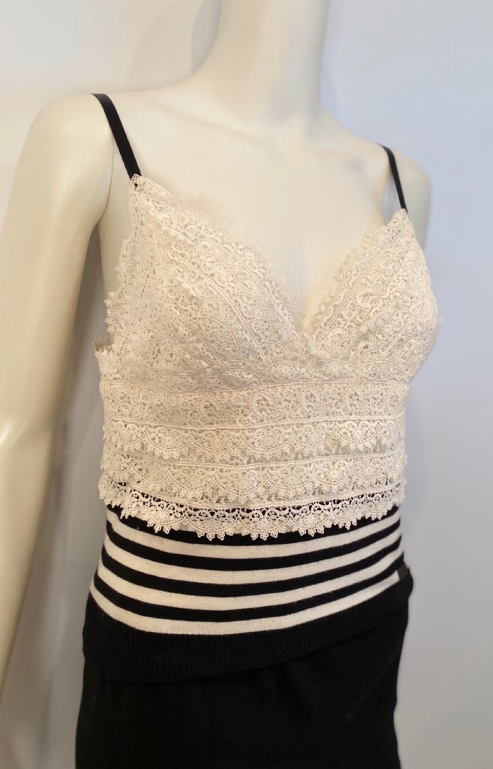 Chanel 05P, 2005 Spring Spaghetti Strap Camisole Lace Crochet Striped Top Blouse FR 38