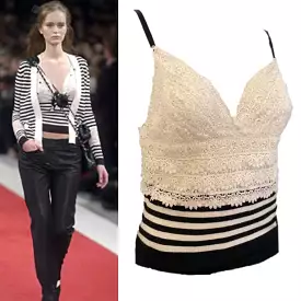 Chanel 05P, 2005 Spring Spaghetti Strap Camisole Lace Crochet Striped Top Blouse FR 38