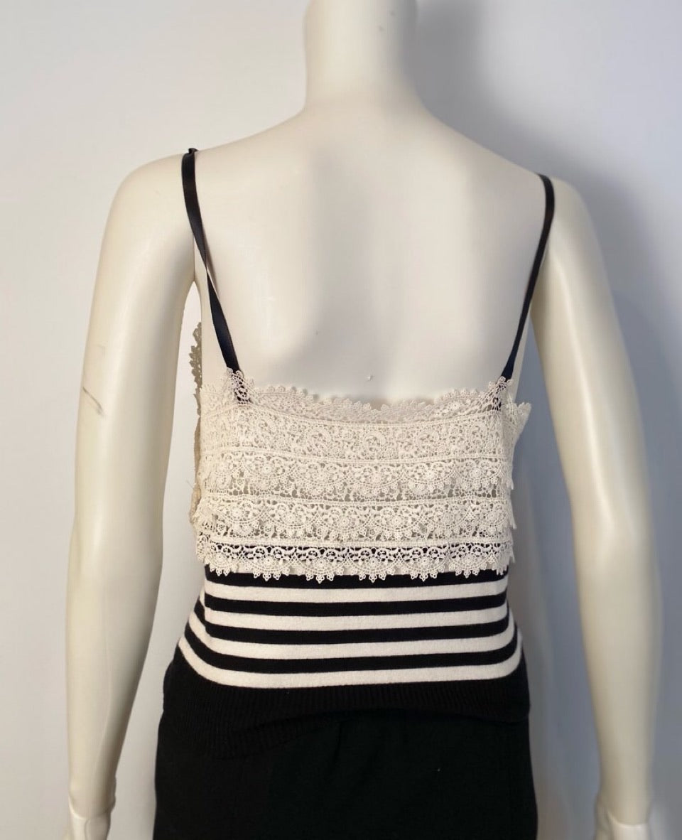 Chanel 05P, 2005 Spring Spaghetti Strap Camisole Lace Crochet Striped Top Blouse FR 38