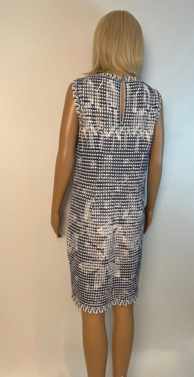 Chanel 14P 2014 Spring Navy Blue White Geometric Sheath Dress FR 40 US 6/8