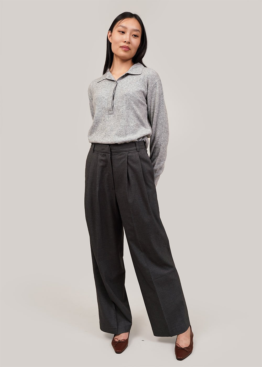 Charcoal Pleat Front Wide Leg Pants