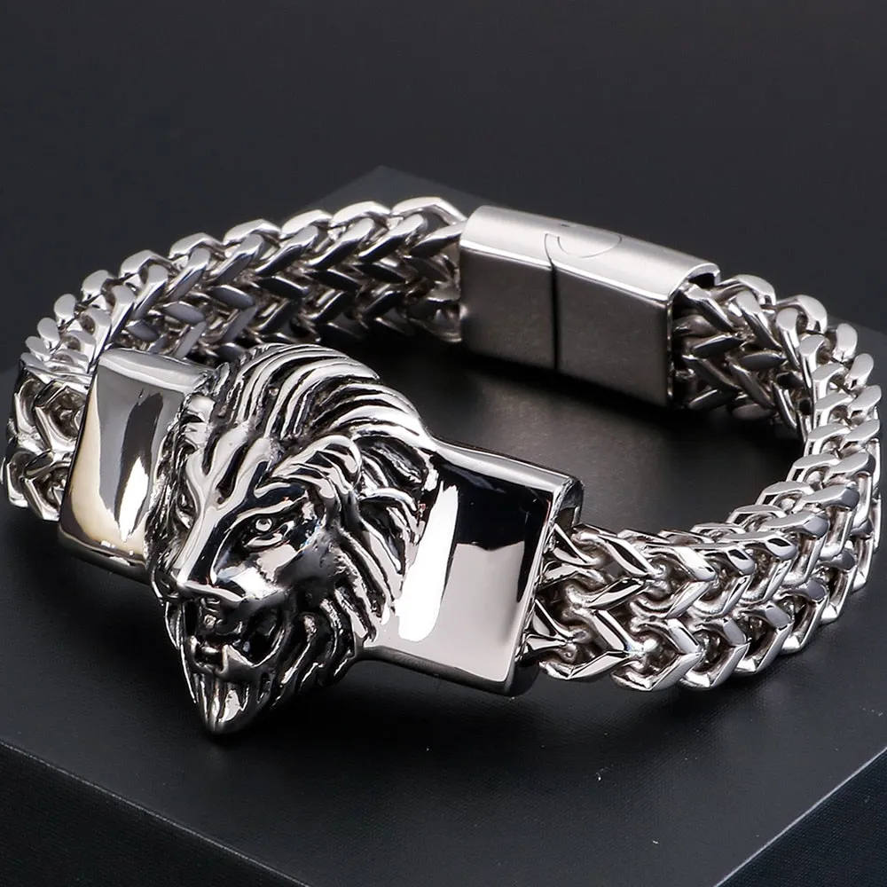 Charm Men's Metal Lion Animal Head 12mm Wide Snake Link Chain Bracelet