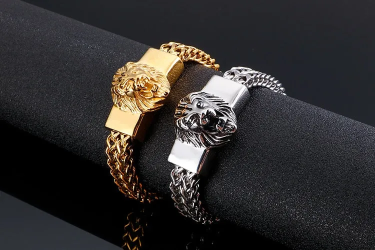 Charm Men's Metal Lion Animal Head 12mm Wide Snake Link Chain Bracelet