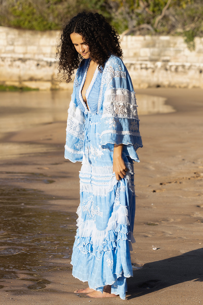 Charm Your Way - Embroidered maxi dress/duster - Rosey Tea in Cornflower Blue