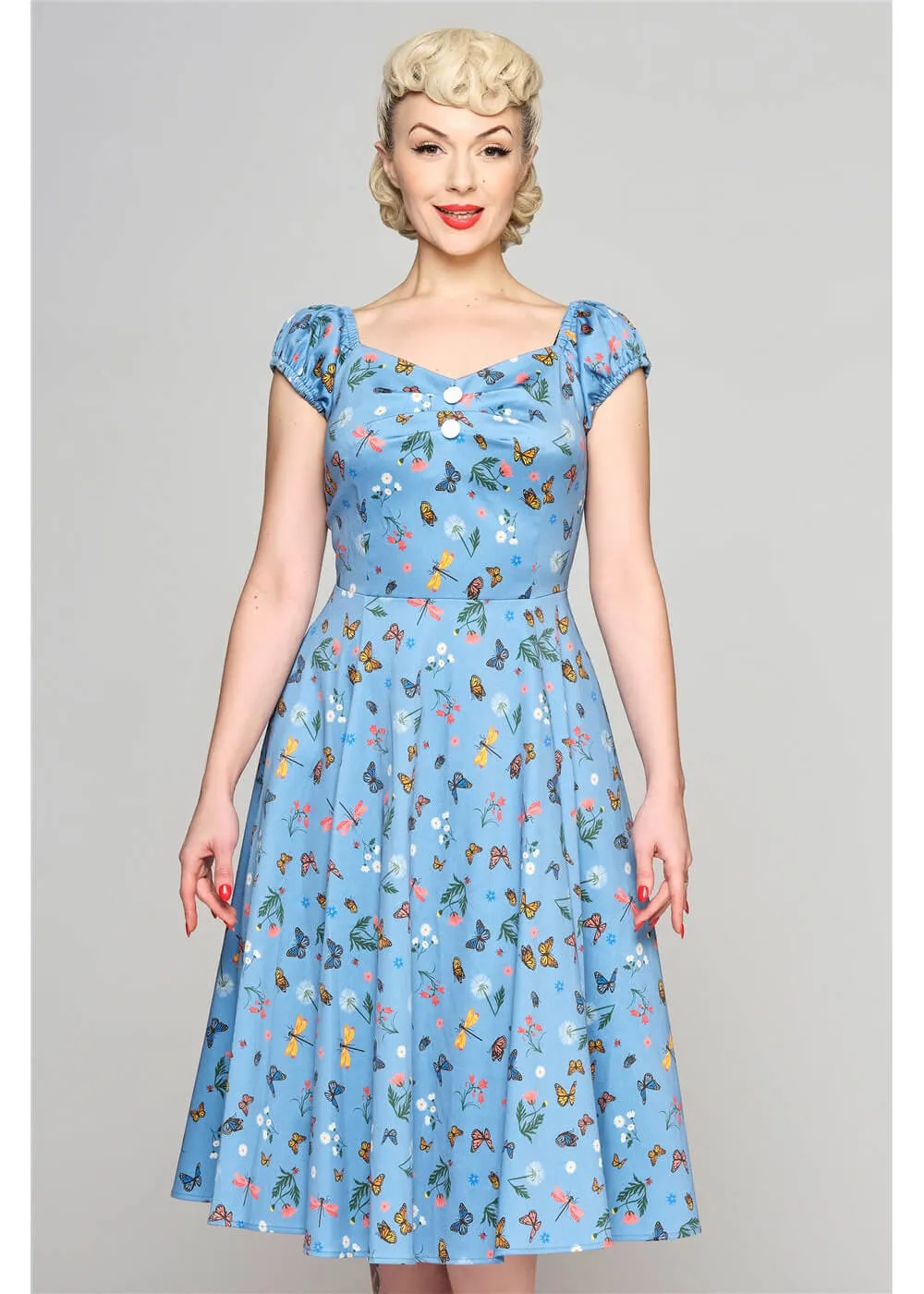 Collectif Dolores Butterfly Fields 50's Swing Dress Light Blue