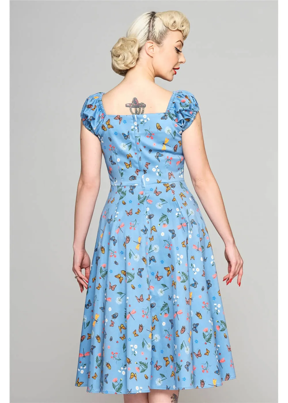 Collectif Dolores Butterfly Fields 50's Swing Dress Light Blue