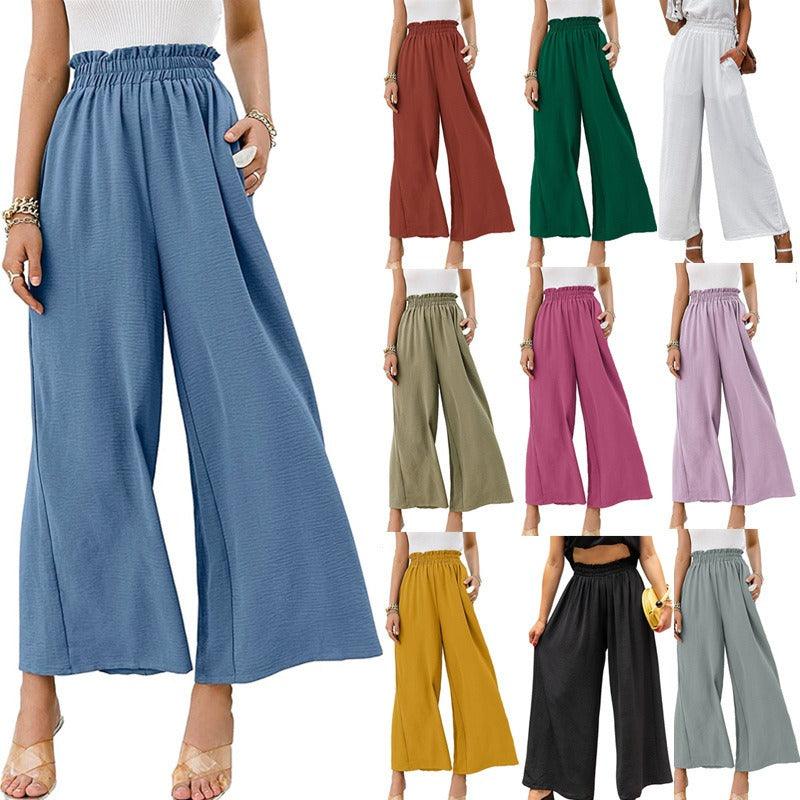 Cotton & Linen Solid High Waist Wide-leg Pants