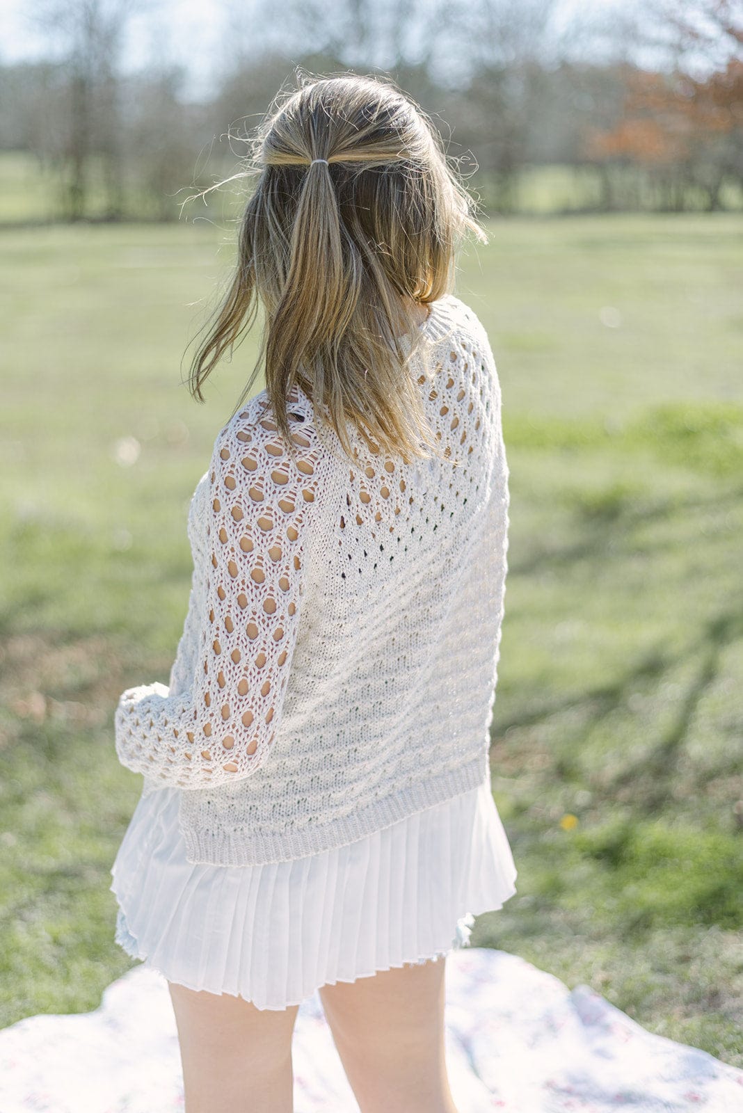 Cream & White Pleated Hem Knit Top