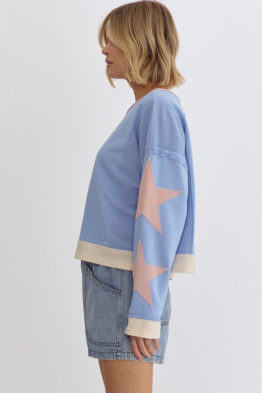 Cropped Round Neck Long Sleeve Star Patchwork Top