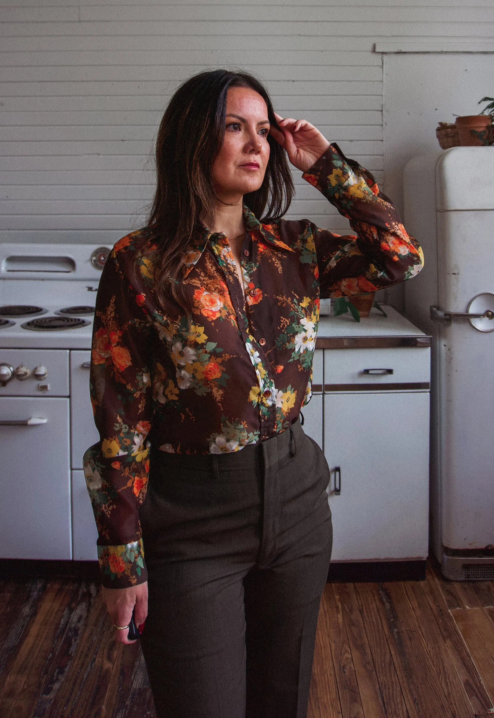 Dark Brown Sheer Floral Vintage Blouse