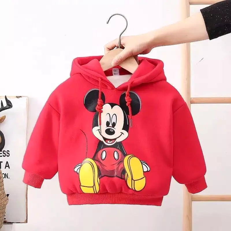 Disney Children's Hooded Sweater Autumn and Winter Plus Velvet Boys Girls Cartoon Baby Hoodie Clothes Kid Long Sleeve Tops S4681