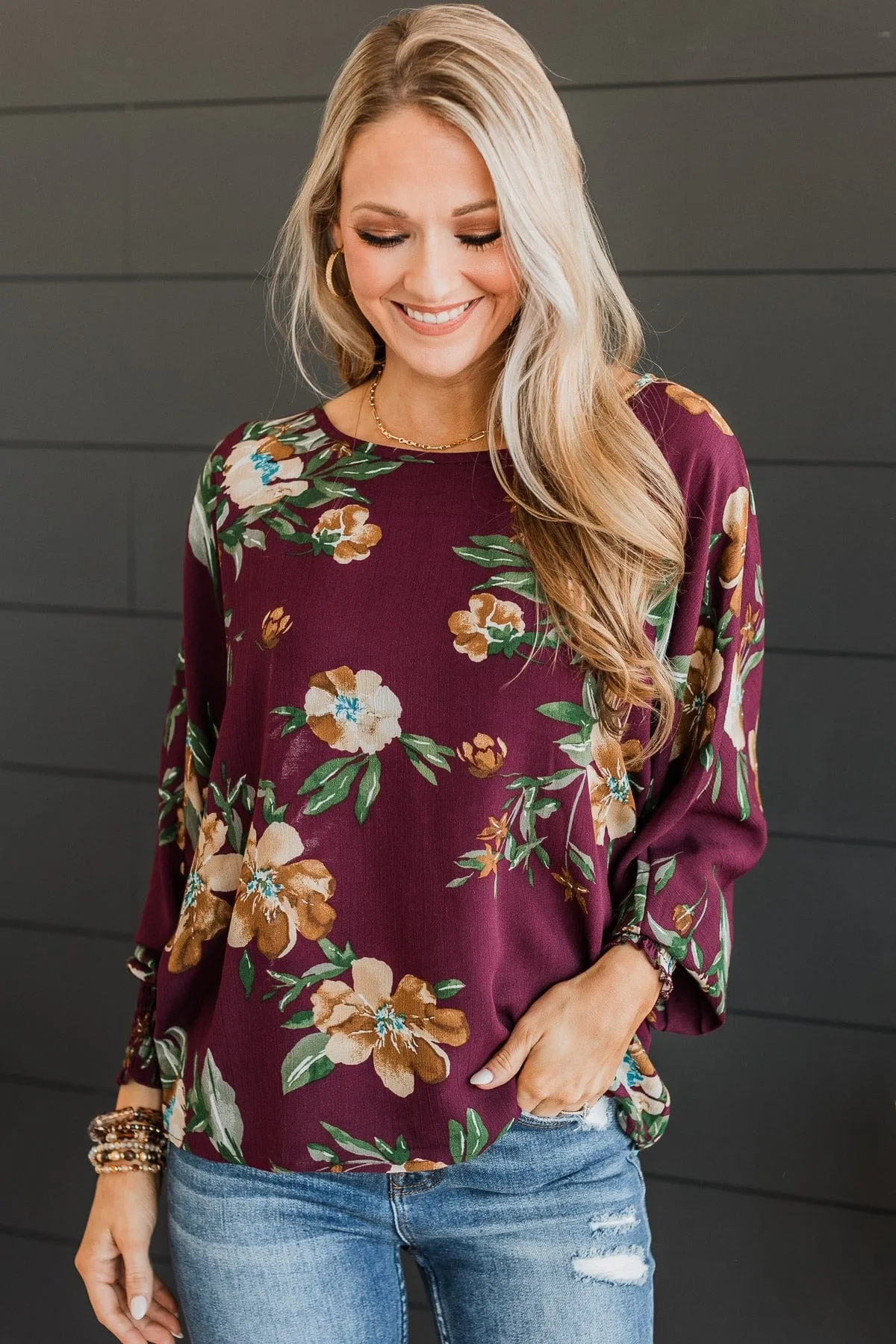 Enlighten Me Floral Blouse- Burgundy