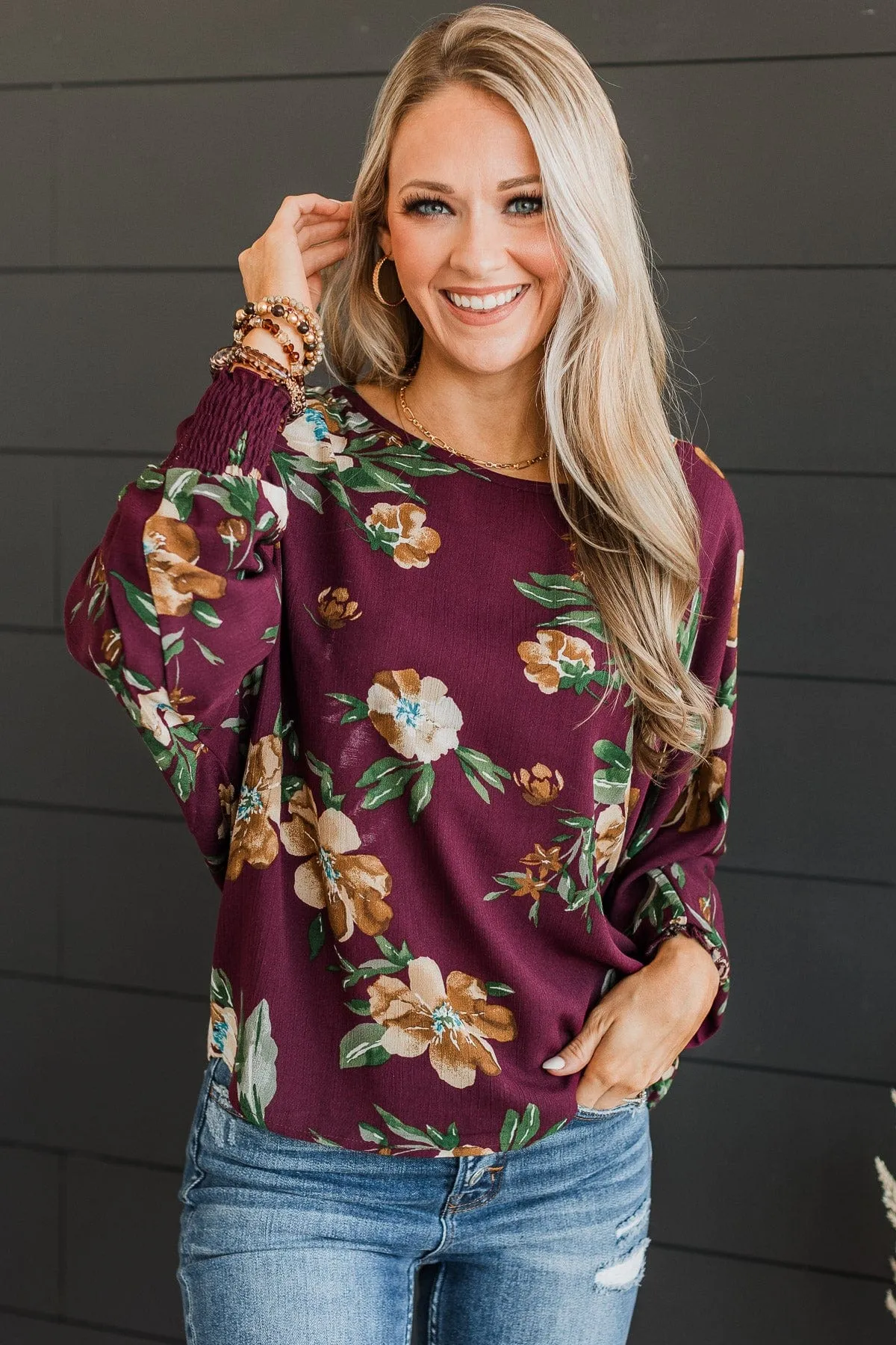 Enlighten Me Floral Blouse- Burgundy