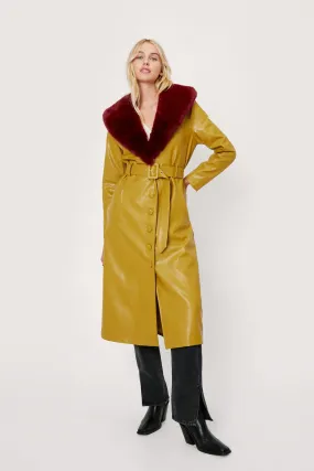 Faux Fur Trimmed Faux Leather Belted Coat