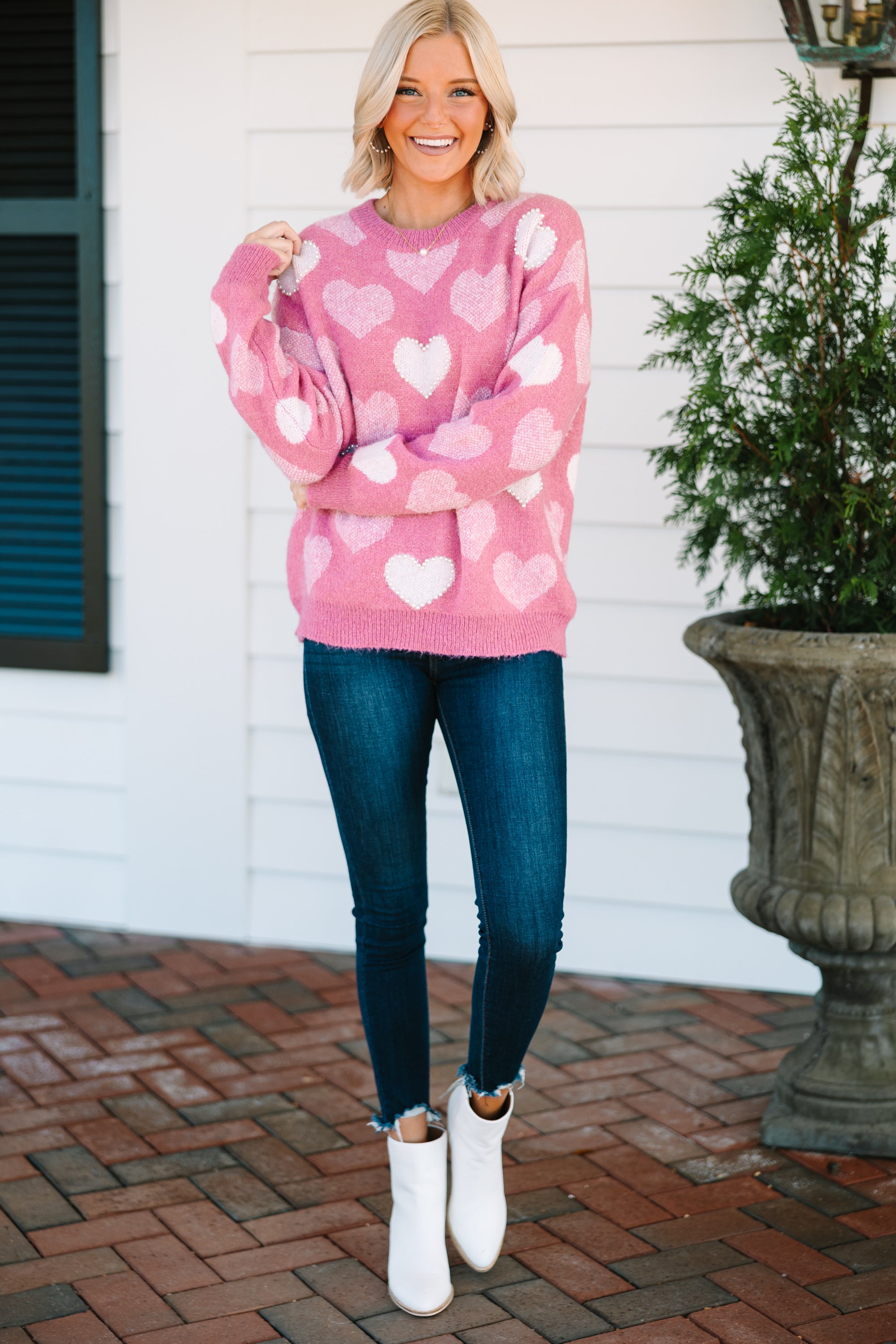 Feeling The Love Pink Heart Pearl Detailed Sweater